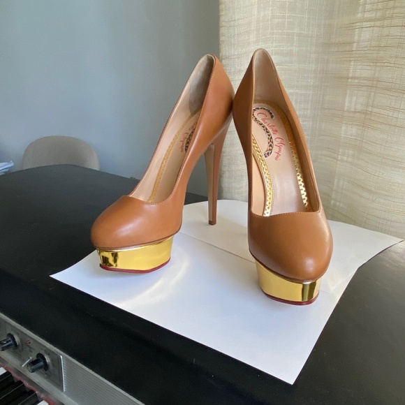 Charlotte Olympia Dolly pumps brown leather gold platform 37-6.5 hi-heels clogs